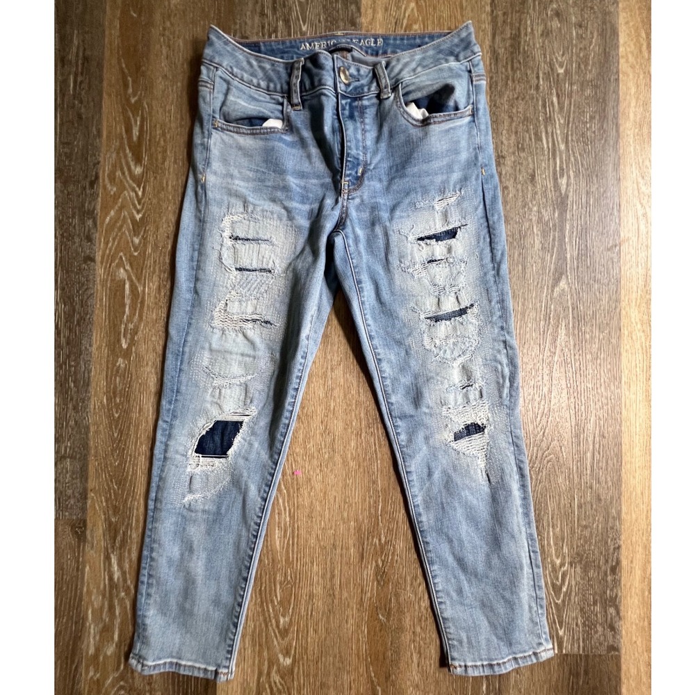 American Eagle Jegging Crop Womens 8 Blue Distressed Patched Super Stretch Jeans